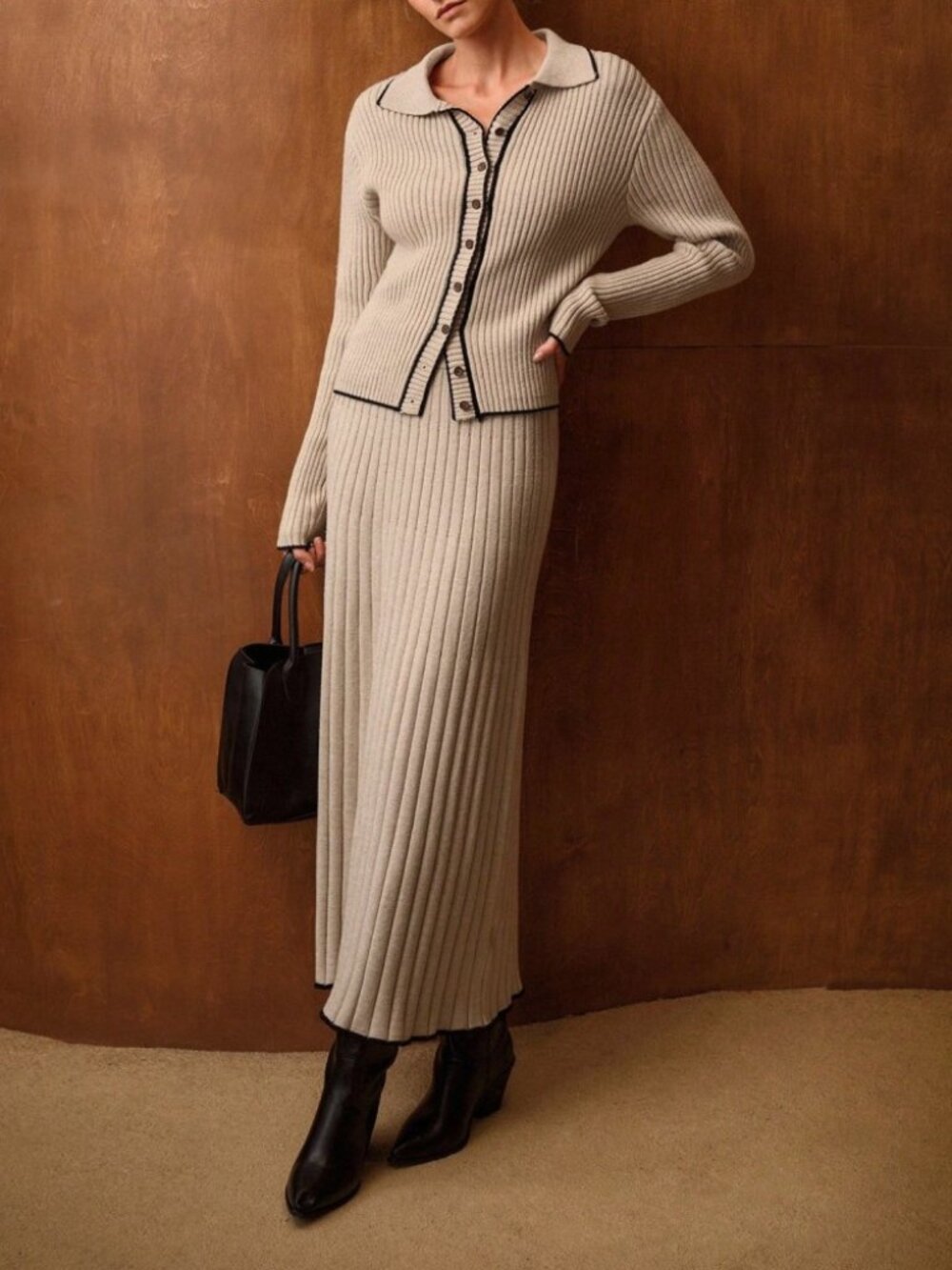 Tan Ribbed Knit Contrast Trim Collared Cardigan and Pleated Maxi Skirt Set